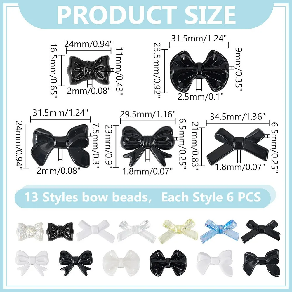 78Pcs 13 Styles Opaque Acrylic Beads Bowknot Mixed Color 16.5~24x24~34.5x6.5~11.5mm Hole: 1.6~2.5mm 6pcs/style