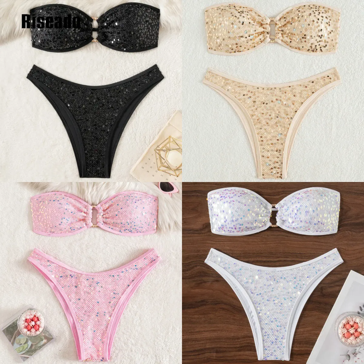 Women Sequins Shiny Bikini  Bandeau Sexy String Two Pieces Swimsuit Female Thong Swimwear
