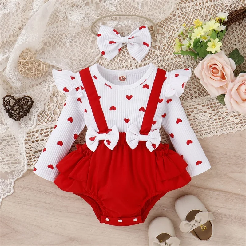 

Valentine´s Day Infant Girls Romper Heart Print Long Fly Sleeve Crew Neck Ruffles Jumpsuits Baby Bodysuits with Bow Headband