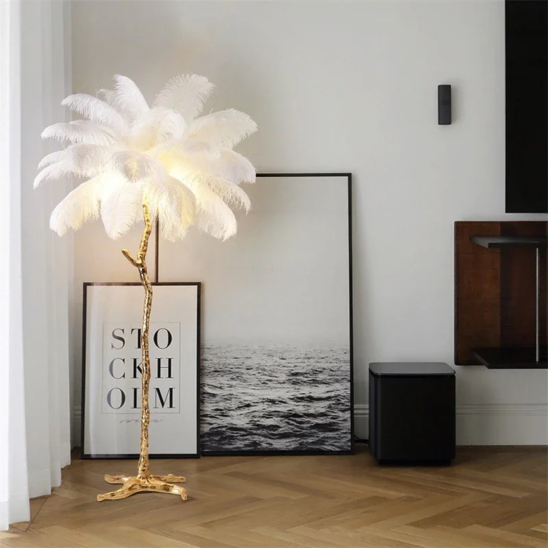 Modern Feather Lamp Floor Nordic Luxury Bedroom Living Room Resin Floor Light Led Standing Ostrich Feather Floor Lamp