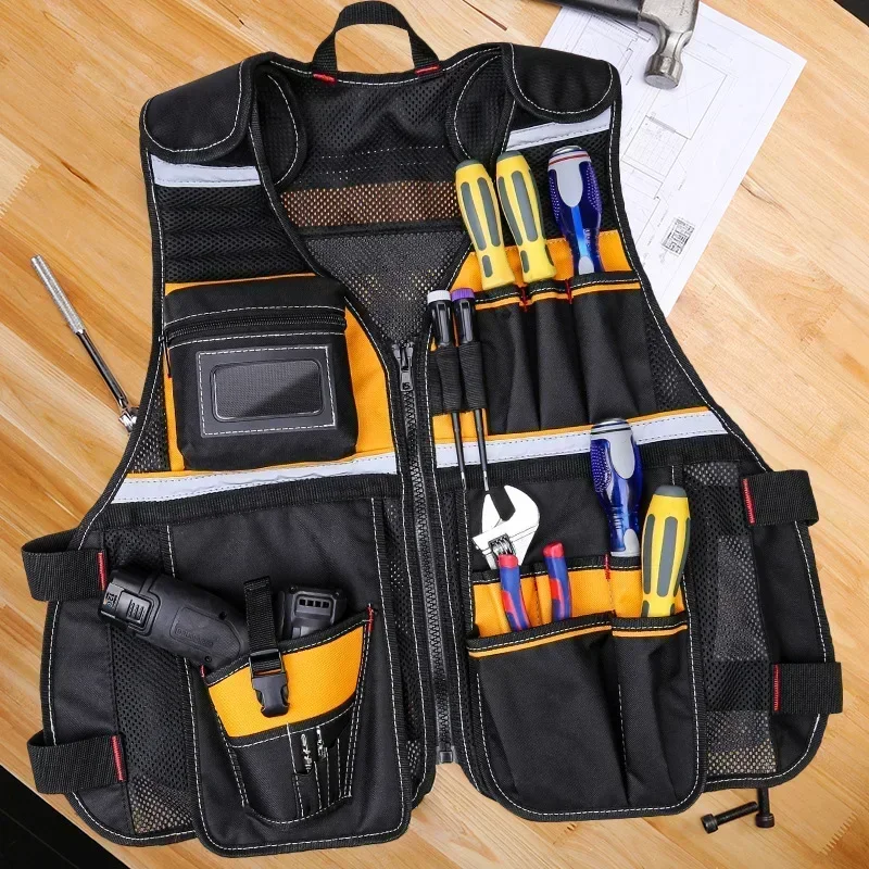 

2024 New Heavy Duty Tool Vest Multi-pocket with Zipper Safety Vest for Electrician Ground Breathable Workwear Tool Organizer