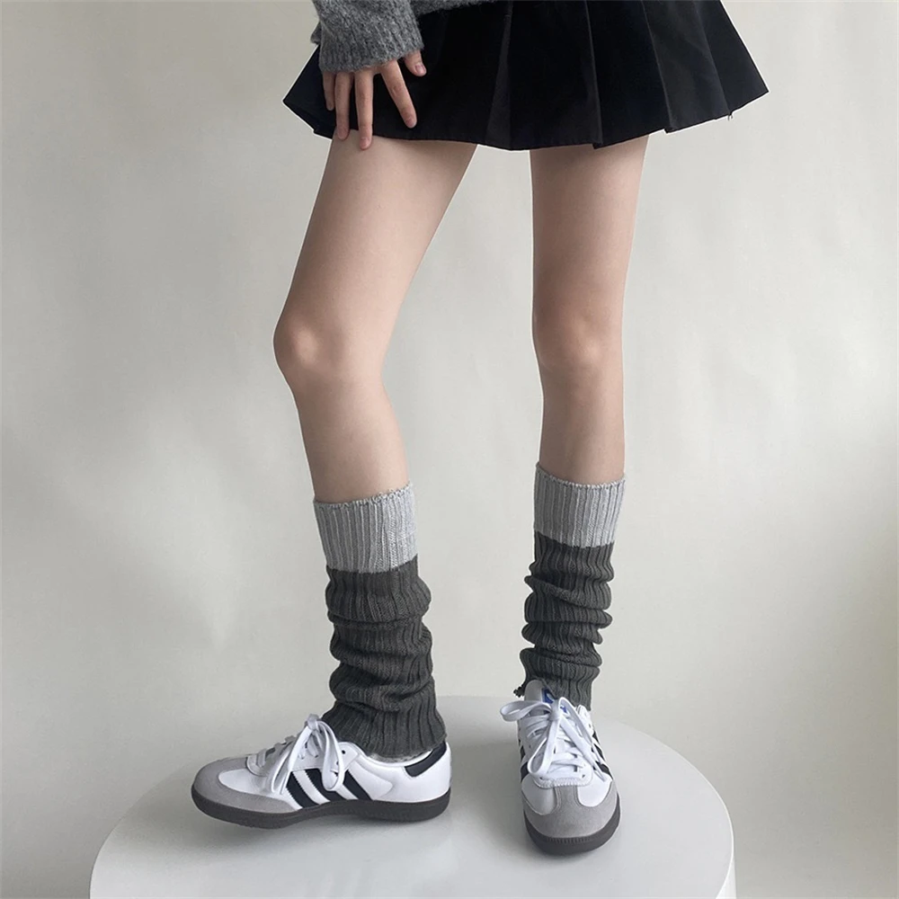 Japanese Patchwork Knitted Pile Socks Contrast Color Wool Leggings Women's Simple Warm Mid-tube JK Calf Leg Warmers Foot Covers