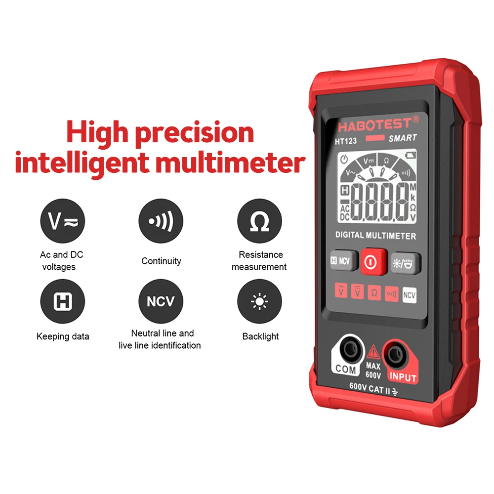 HT123 Smart Digital Multimeter AC/DC Voltage Resistance Continuity Measurement Tester NCV Multimeter with Backlight Flashlight