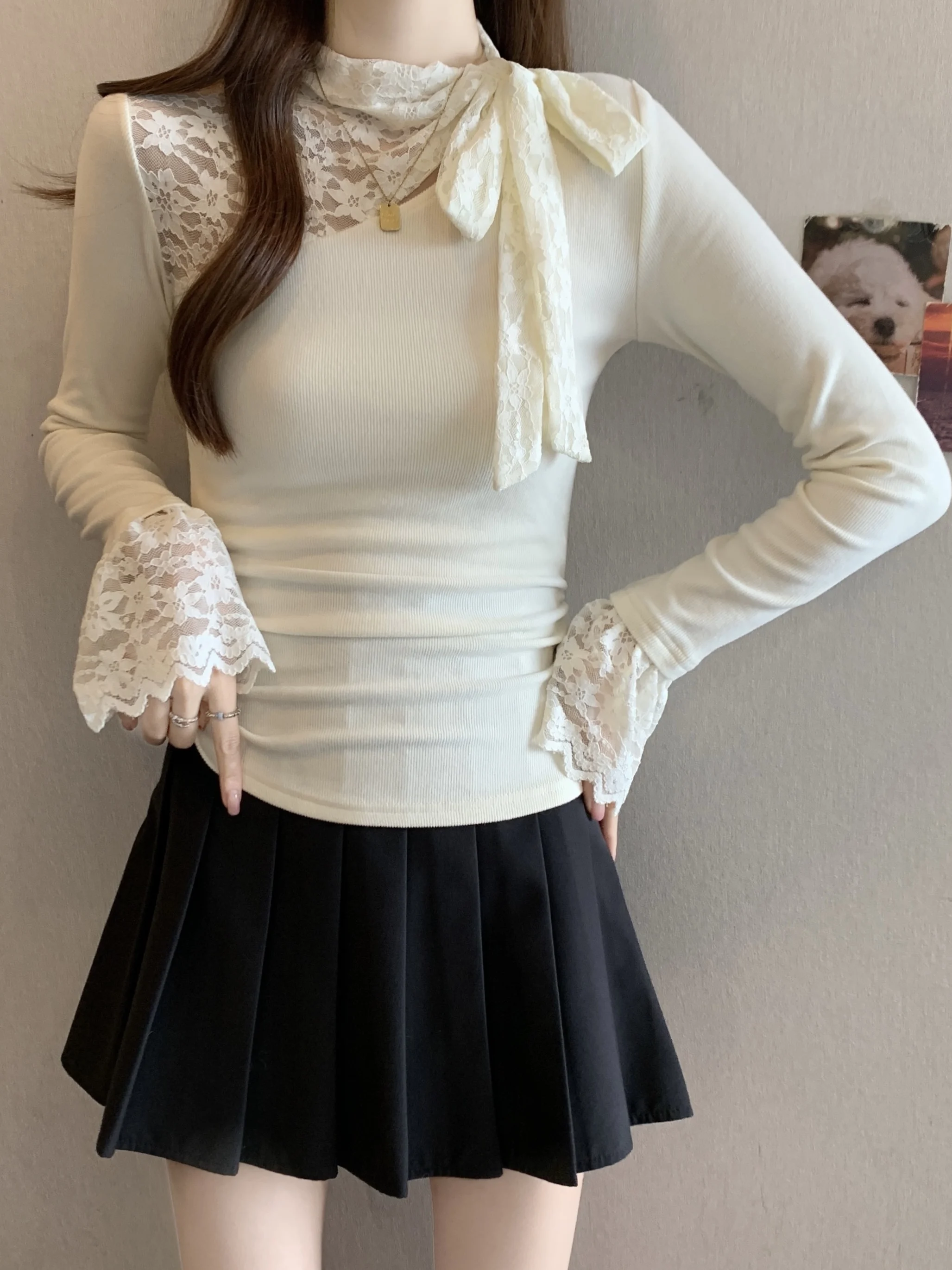 

plus Size Lace Splice Knot Sweater Women's Autumn Winter New Sle Anti-Aging Base irt Top Trendy Korean Sle Co...