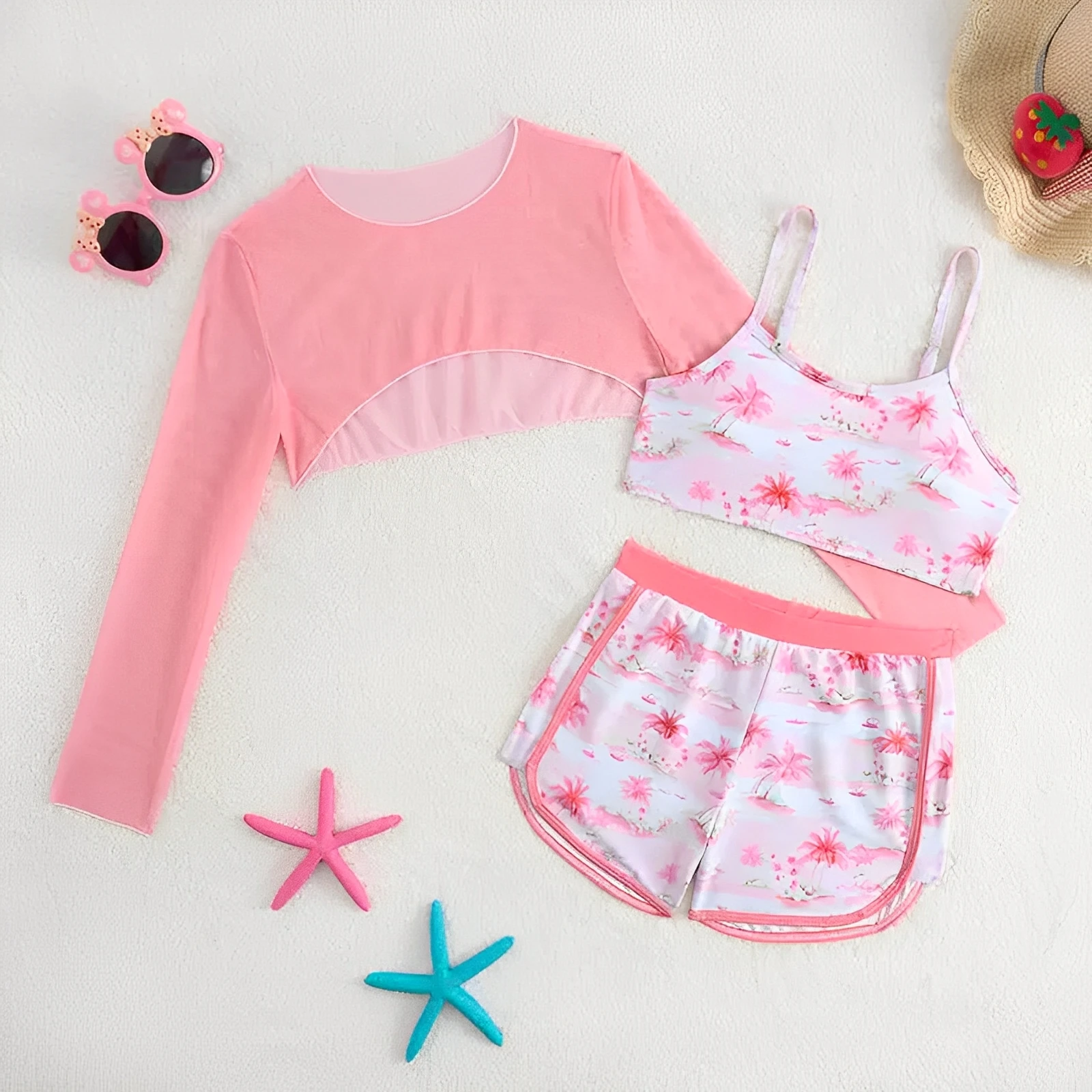 

3 Pieces Printed Bikini 2026 Girls Swimsuit High Waist Kids Swimwear & Beach Top Pink Children Swimming Bathing Swim Suit