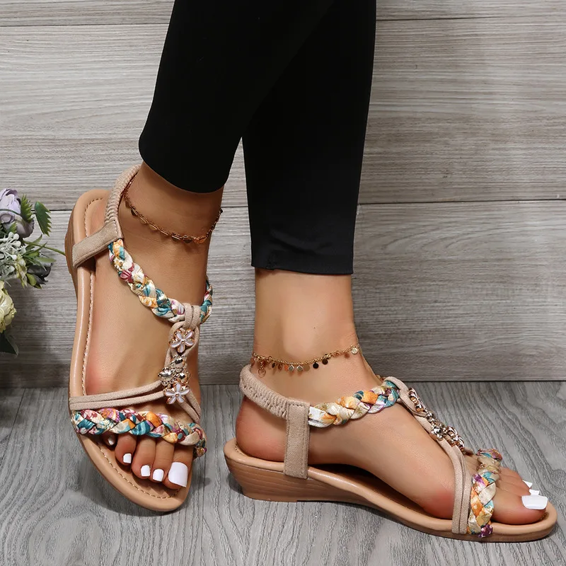 Women Wedges Bohemian Sandals Summer 2023 New In Open Toe Beach Shoes with Low Heels Sandal Lady Casual Sandalias Mujer Verano