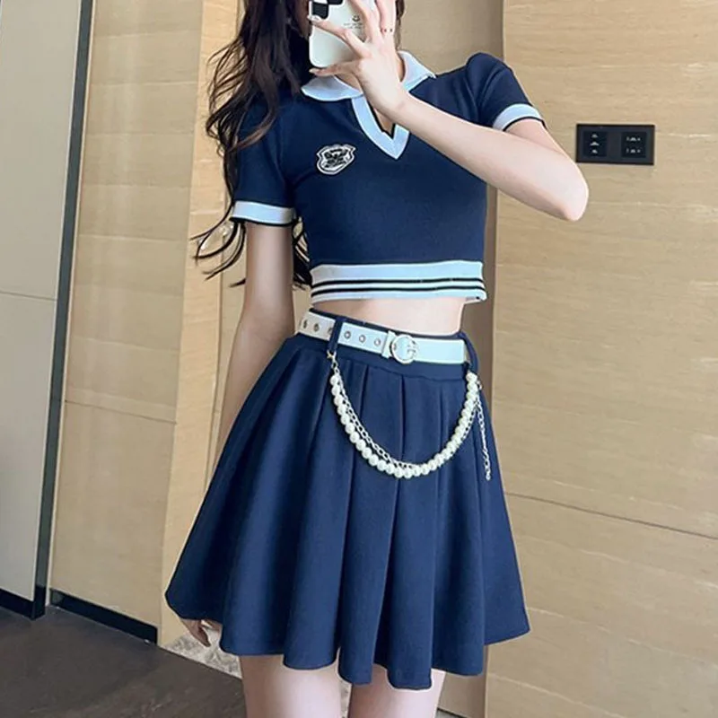 American Style 2024 Summer New Women\'s Contrast Color Polo-Neck Short Sleeve Fashion Slim Preppy Style Chain Pleated Skirt Sets