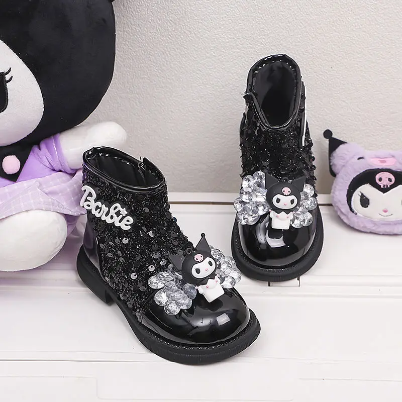 Kuromi meninas martin botas sanrio kawaii crianças botas de couro de fundo macio outono inverno anime dos desenhos animados infantil bonito festa botas curtas