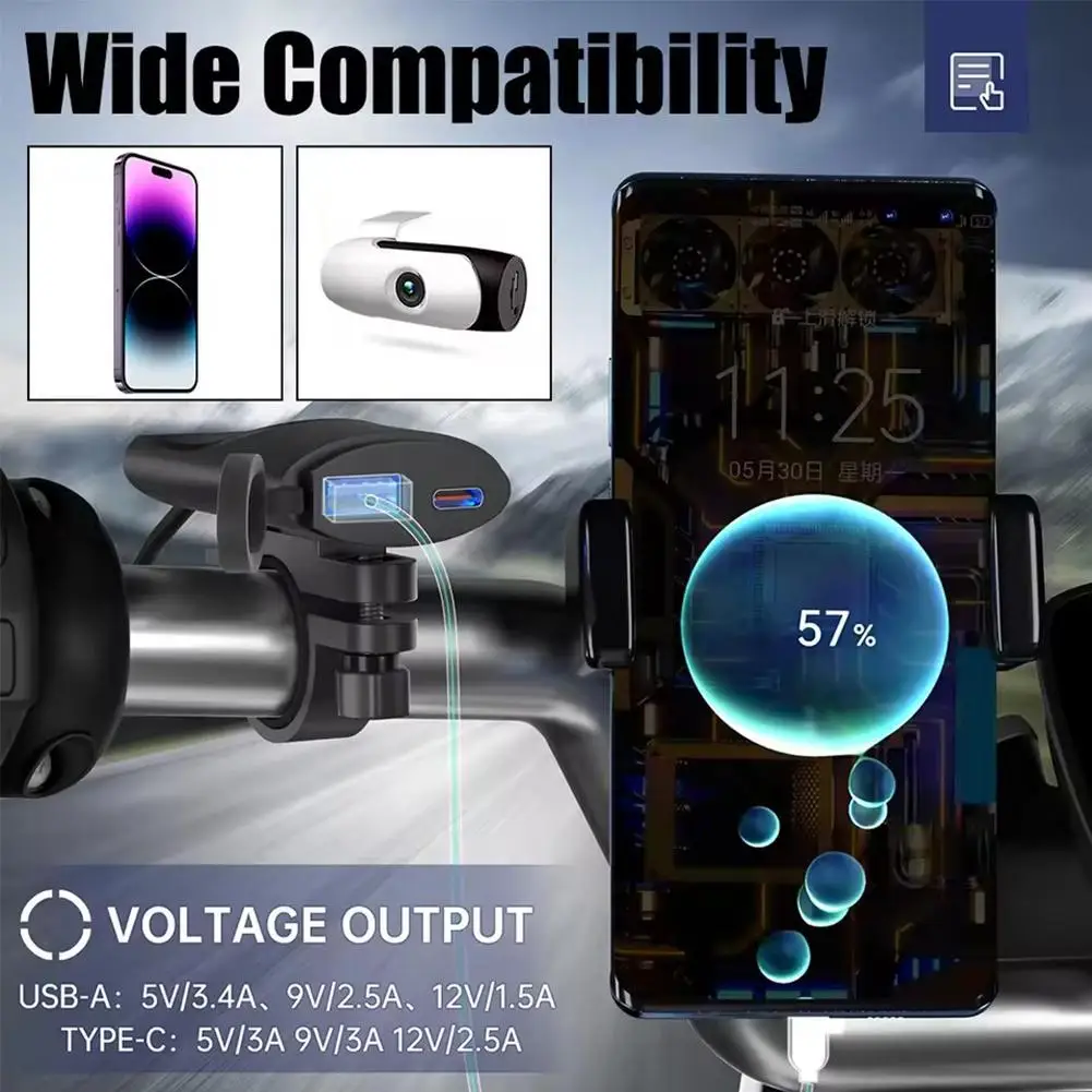 30 واط USB-C شاحن دراجة نارية IP67 مقاوم للماء المقود تصاعد قوس للكاميرا الرقمية وشحن الهاتف D0F6