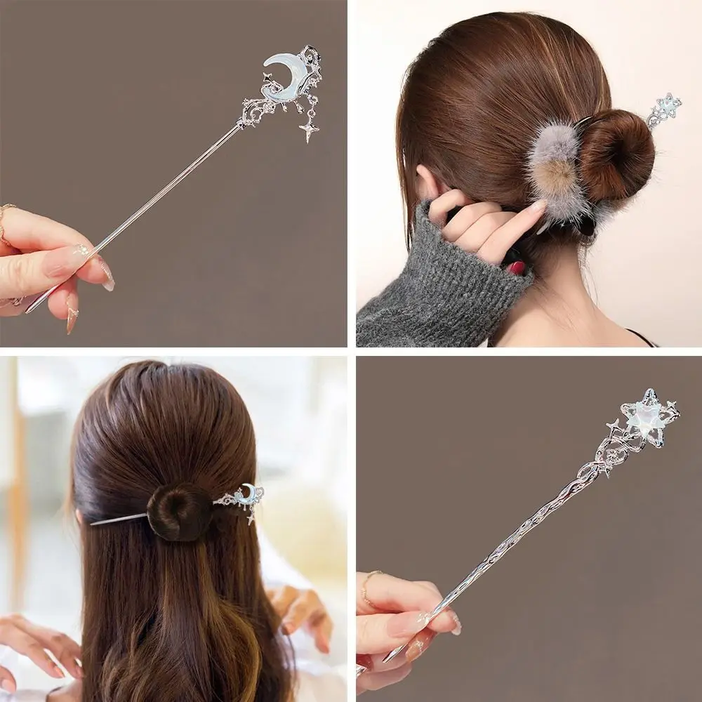 Simple Chinese Moonlight Stone Star Hairpin Moon Shaped Ancient Style Hair Sticks DIY Headpiece Girls Jewelry