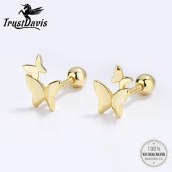 TrustDavis Real 925 Sterling Silver 18K Gold Insect Butterfly Screw Stud Earrings For Women Wedding Trendy Fine Jewelry DG0057