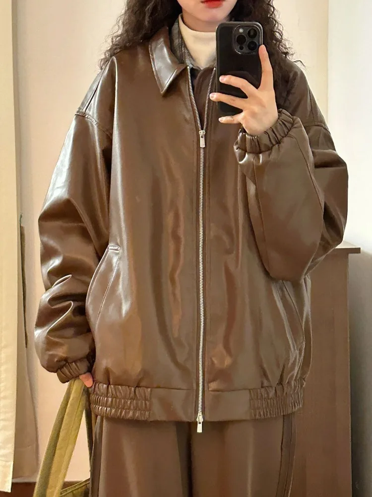 

Brown Korean Leather Jacket Women Streetwear Zipper Vintage Leather Jacket Female High Street 2025 Autumn Casual Fashion Jacket