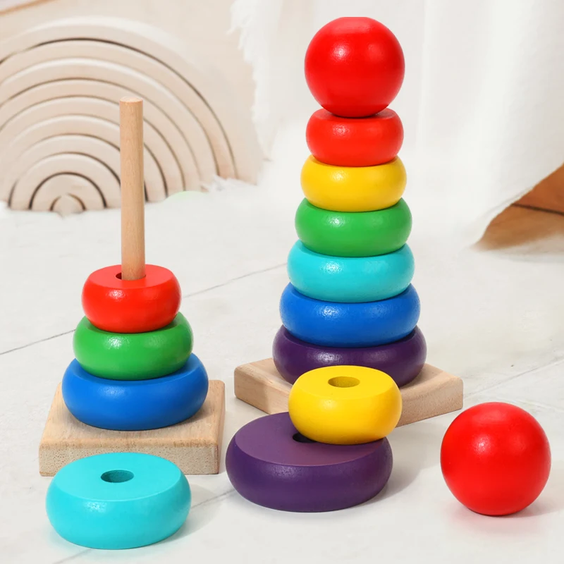 Baby educational toys wooden stacked rainbow tower toddler games Montessori children's tower