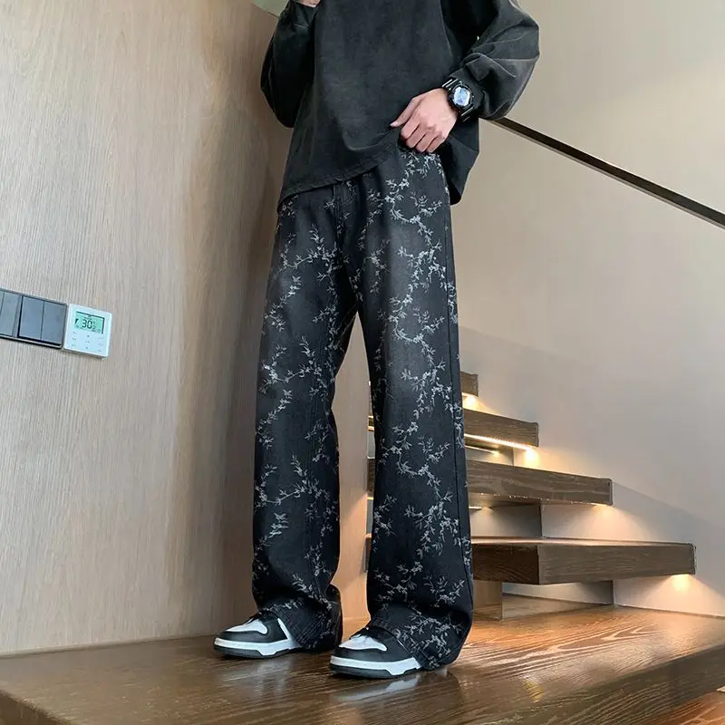 Vintage Jacquard Men s Jeans Retro Straight Leg Micro Flare Man Pants American High Street Casual