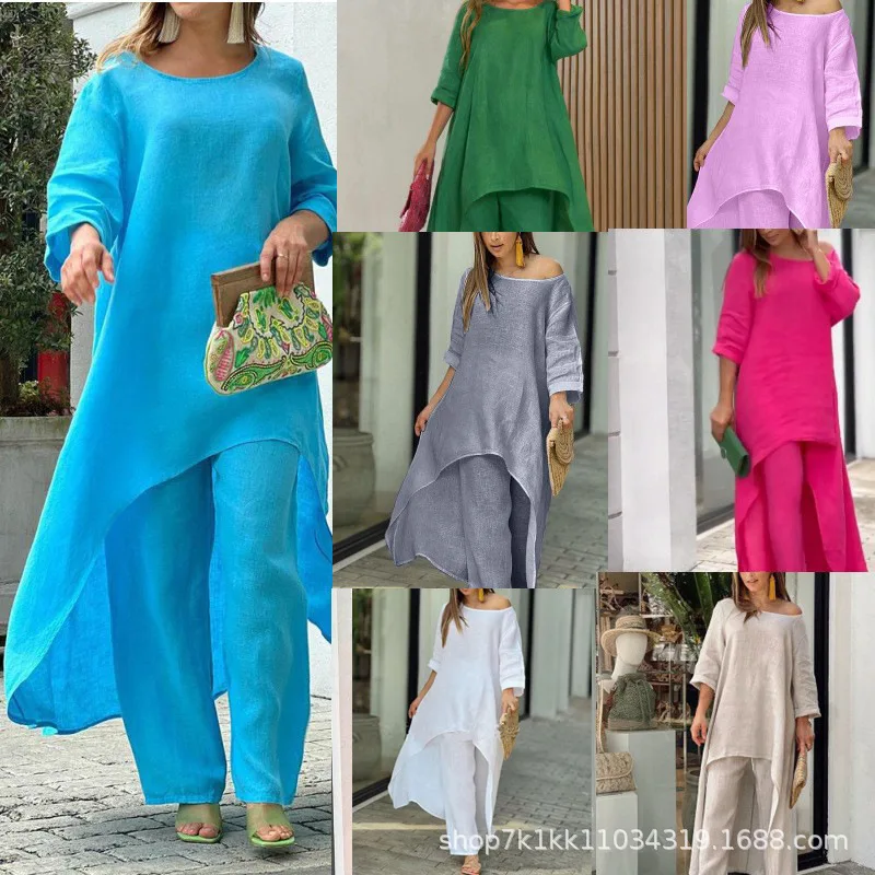 

Новая женская одежда из хлопка и льна, модный повседневный костюм нестандартной формы с длинными рукавами, широкие брюки, комплект из двух предметов