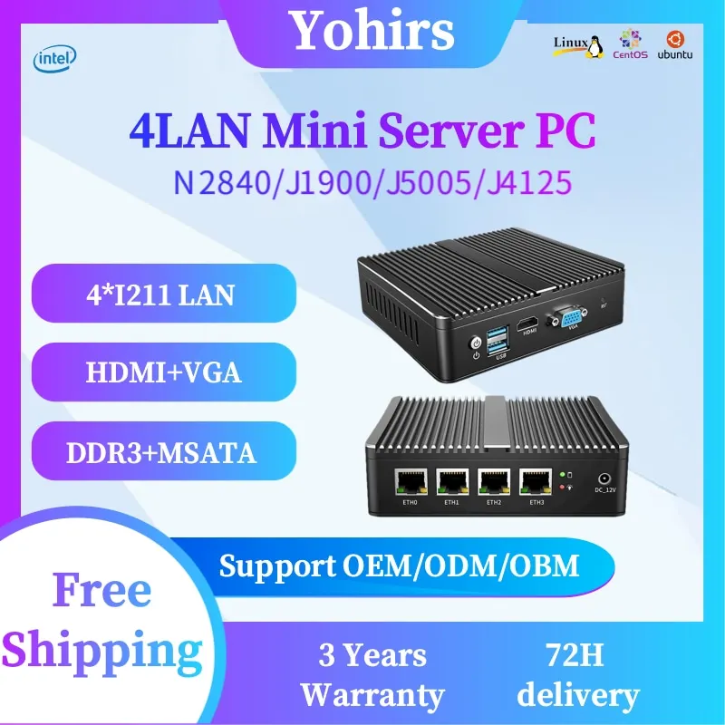 요히르스 4xIntel i211 LAN 셀러론 J4125 J1900 E3825 팬리스 서버 컴퓨터 소프트 라우터 미니 PC PfSense 방화벽 장치 ESXI