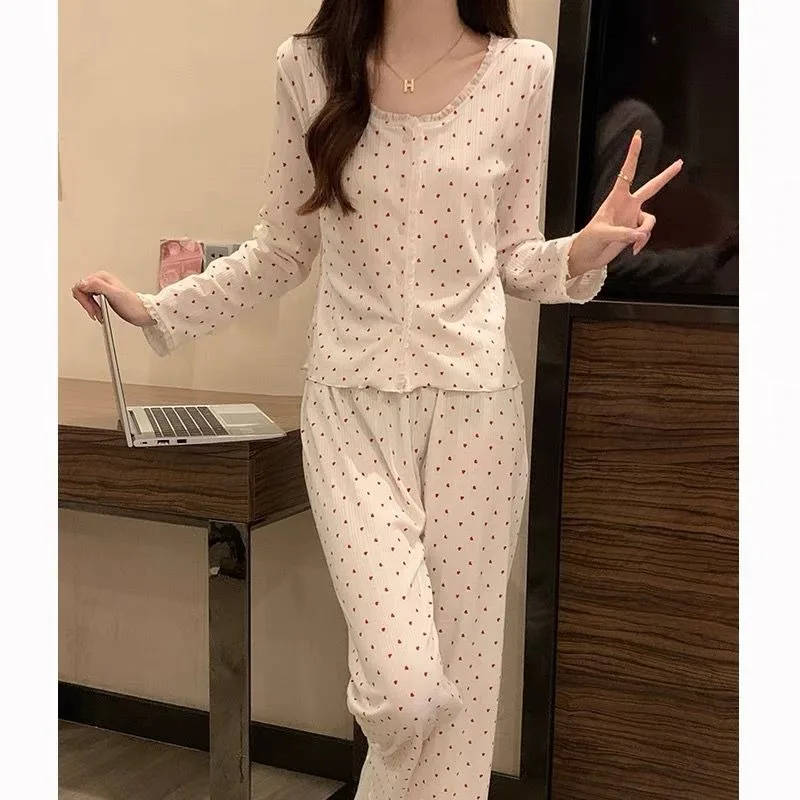 Princess Style Long Sleeved Pajamas Women Spring Autumn 2024 New Sleepwear Cardigan Round Neck Floral Homewear Two-piece Set