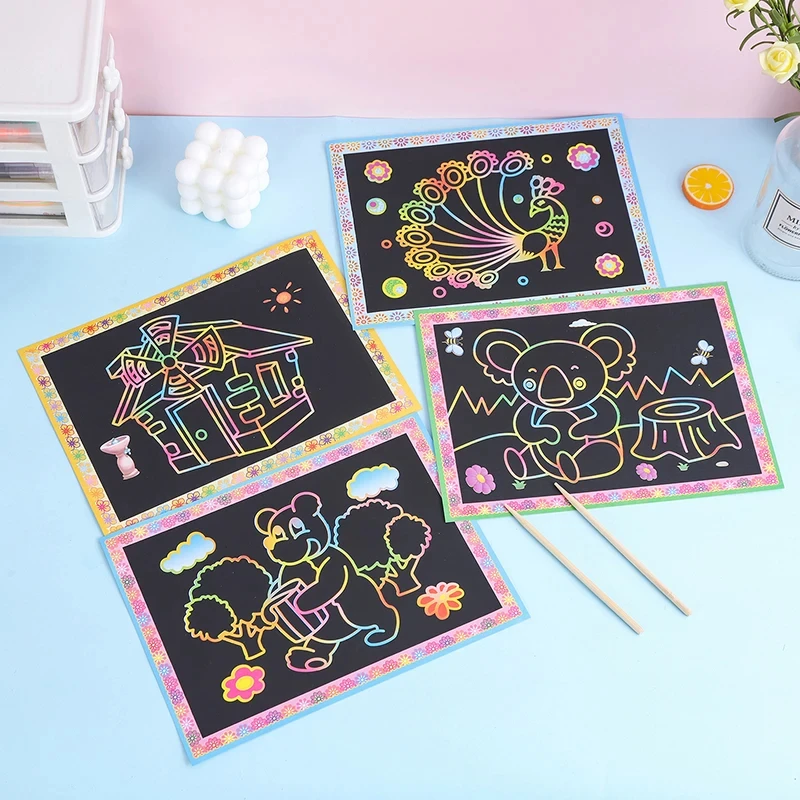 Jouets de peinture à gratter pour enfants, motif de dessin animé mignon fait à la main, jouets de dessin de couleurs brillantes, cadeau d'anniversaire pour enfants, bricolage d'art, TMZ, 10 pièces