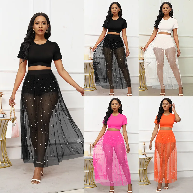 Women's New Three Piece Set Beaded Sheer Mesh Maxi Dress Beach Outfit Short Sleeve Crop Top Elegant Commute Versatile Slim Fit