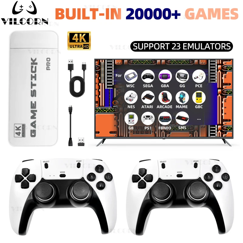 VILCORN 4K HD Game Stick Consola de videojuegos retro con más de 20000 juegos y controladores inalámbricos de 2,4G compatible con TV/proyector/PC Plug&Play
