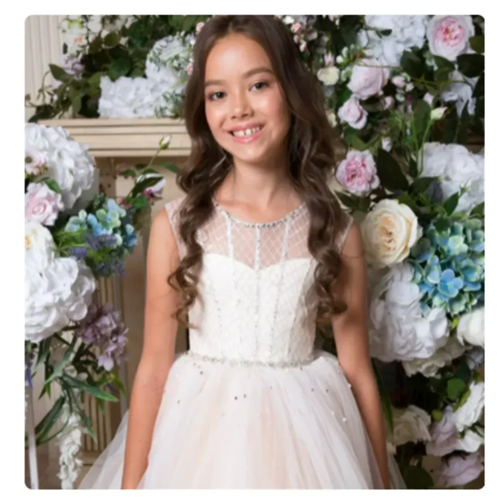 Flower Girl Dress Fluffy Tulle Beaded Sparkle Sleeveless Children Girl Wedding Birthday Party First Communion Holiday Gown