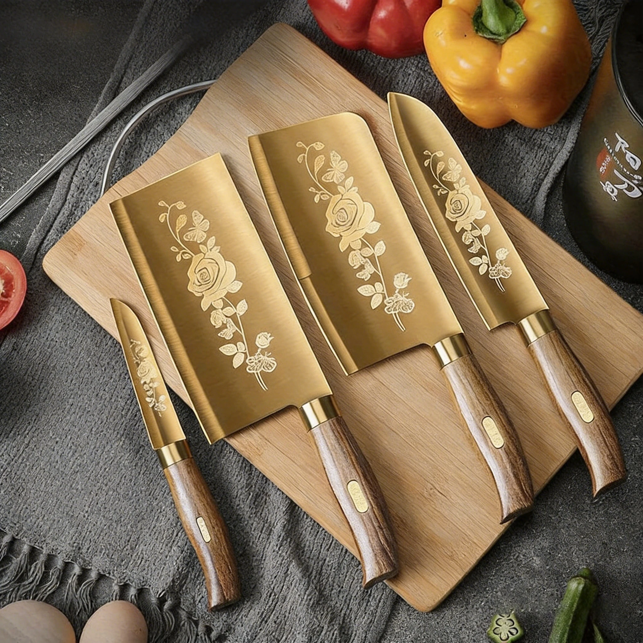 1/4 Satz Küchenmesser aus titanbeschichtetem Gold, einschließlich Küchenobstmesser, Mehrzweckmesser, Hackmesser und Kochmesser