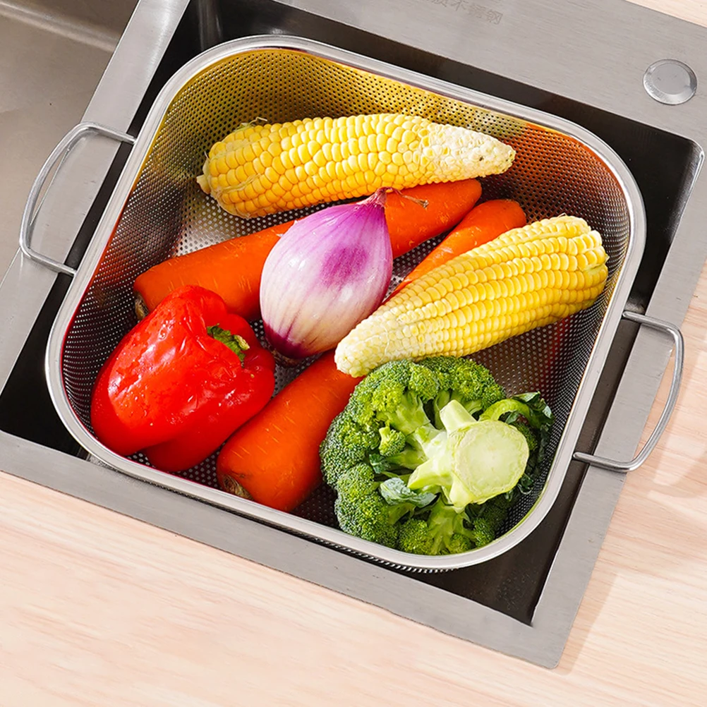 

1pc Stainless Steel Double Handle Strainer Basket For Fruits Vegetables Rice Washing Kitchen Colander Fine Mesh Drain
