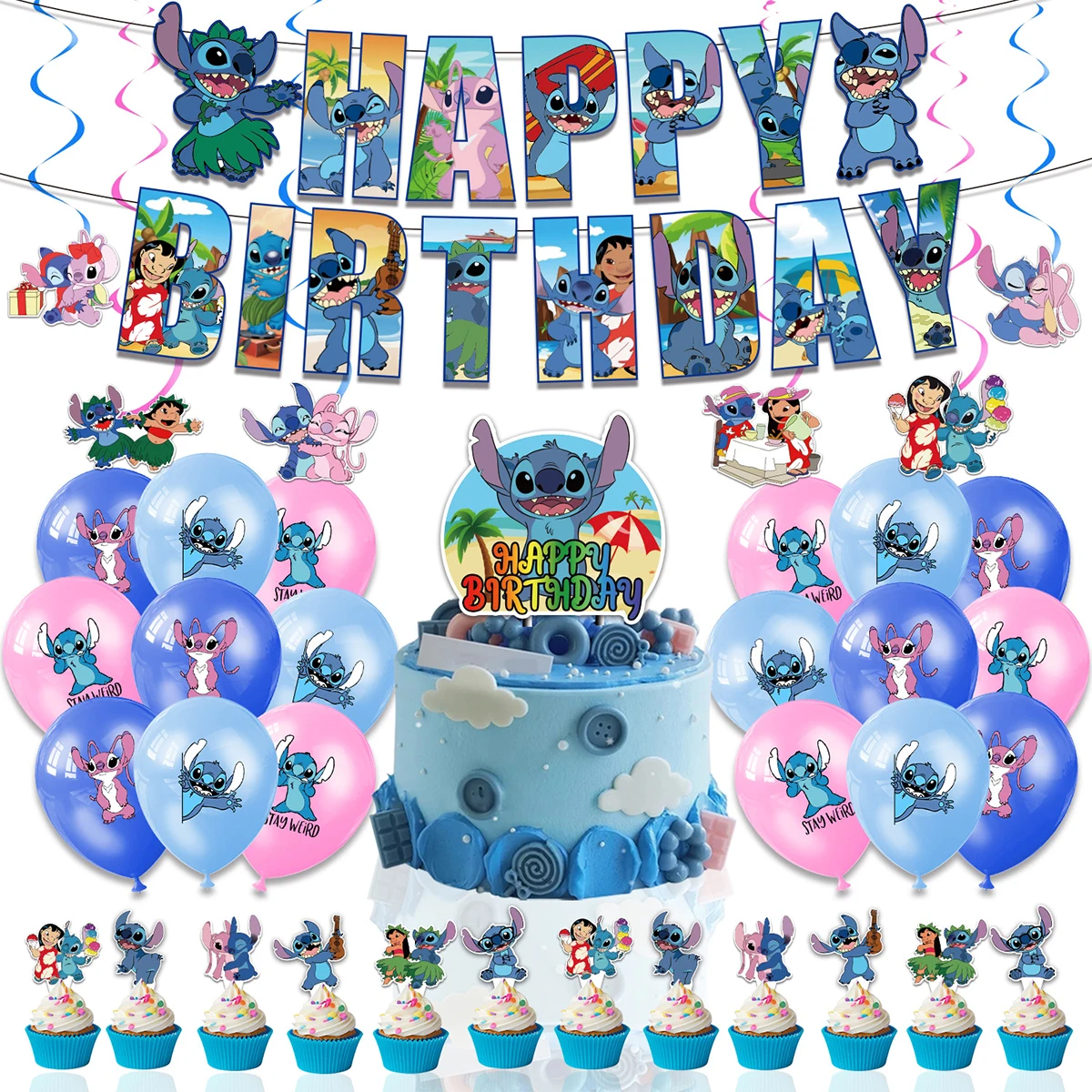 

Stitch Happy Birthday Party Decorations Set Banner Balloons Cake Topper Honeycomb Decor Party Supplies for Photo Props Gift