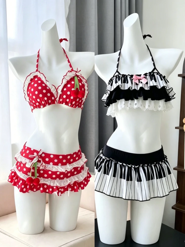 Women Kawaii Harajuku Halter Print Bikini Soft Ruffle Two Piece Swimsuit Summer Daily Swimwear