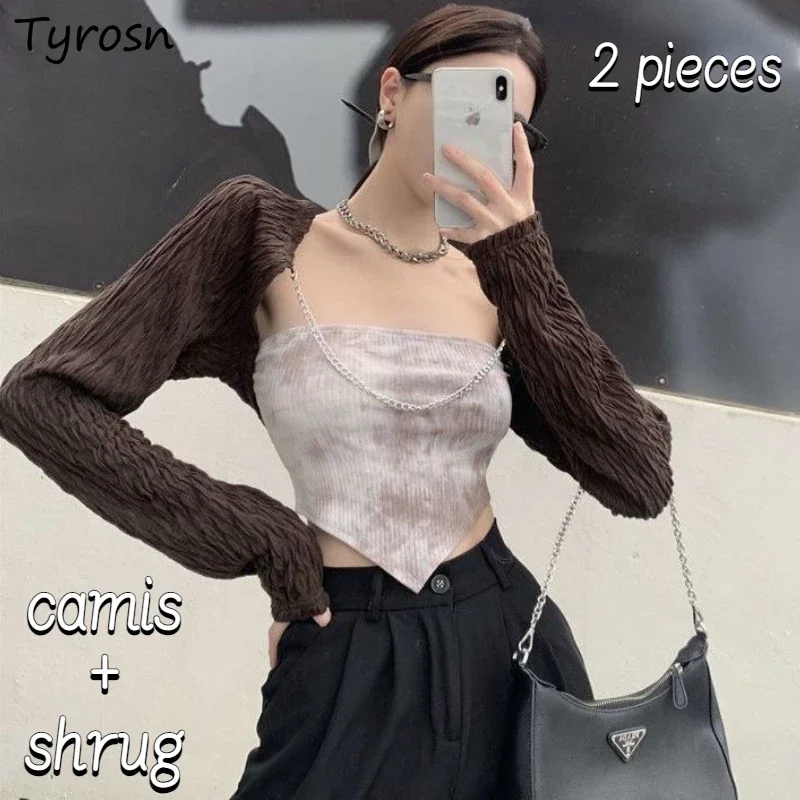 

Camisole Sets Women Skinny Personality Sexy Shrugs Fashion Chain Tie Dye Design Korean Style Hot Girls Streetwear Summer Folds