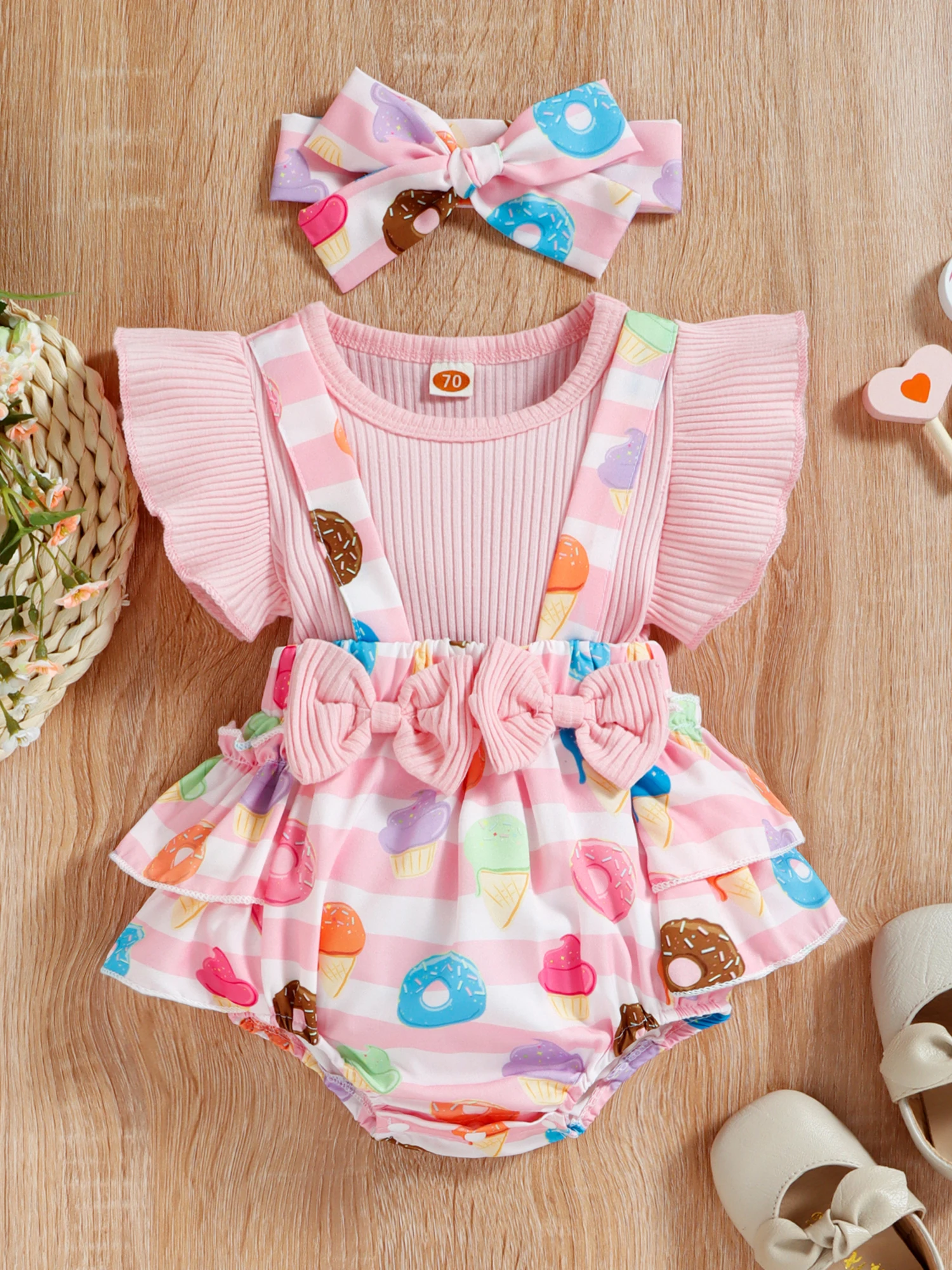 0-24M Summer Baby Girls Romper Cow Print Splicing Bow Decoration Fly Sleeve Jumpsuit Headwear Set