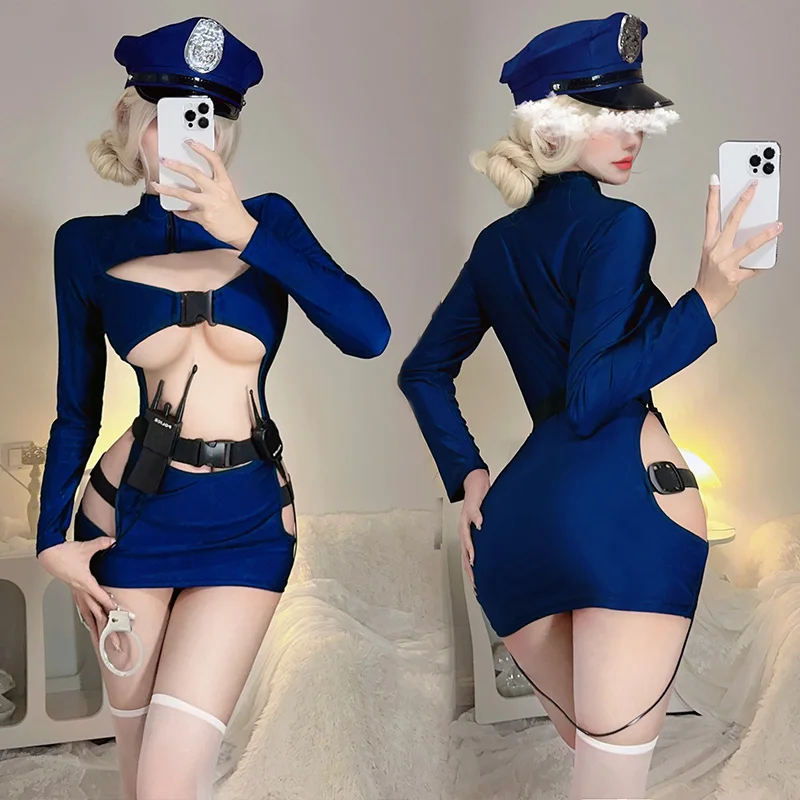 

Sexy Exotic Costumes Sexy Lingerie Nightclub Women Police Uniform Double Zipper Free Open Crotch Cospaly Outfit Sexy Skirt Dress