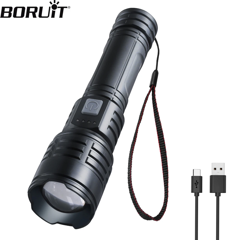 BORUiT Torcia LED ad alta potenza 600LM P50 Torcia LED portatile ricaricabile zoomabile Faretti di emergenza Lanterna da campeggio