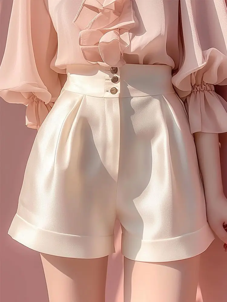 2024 Summer High-waisted Draping White Satin Shorts for Women Fashion Popular Niche Thin Casual Shorts Suitable for Small Women