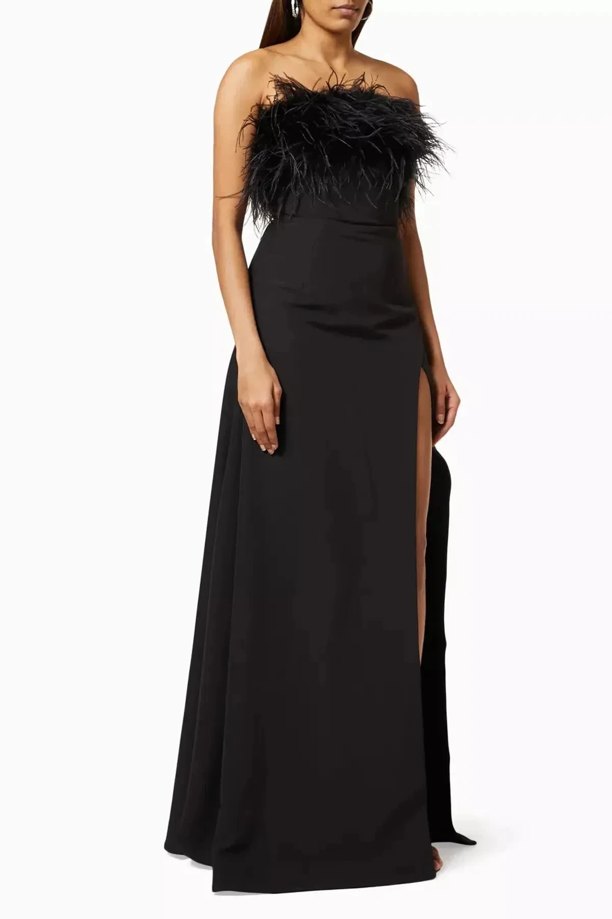 

Customized Feathers Women's Evening Dresses Black Pleat Valentine's Day A Line Strapless Ankle Length Long Dresses