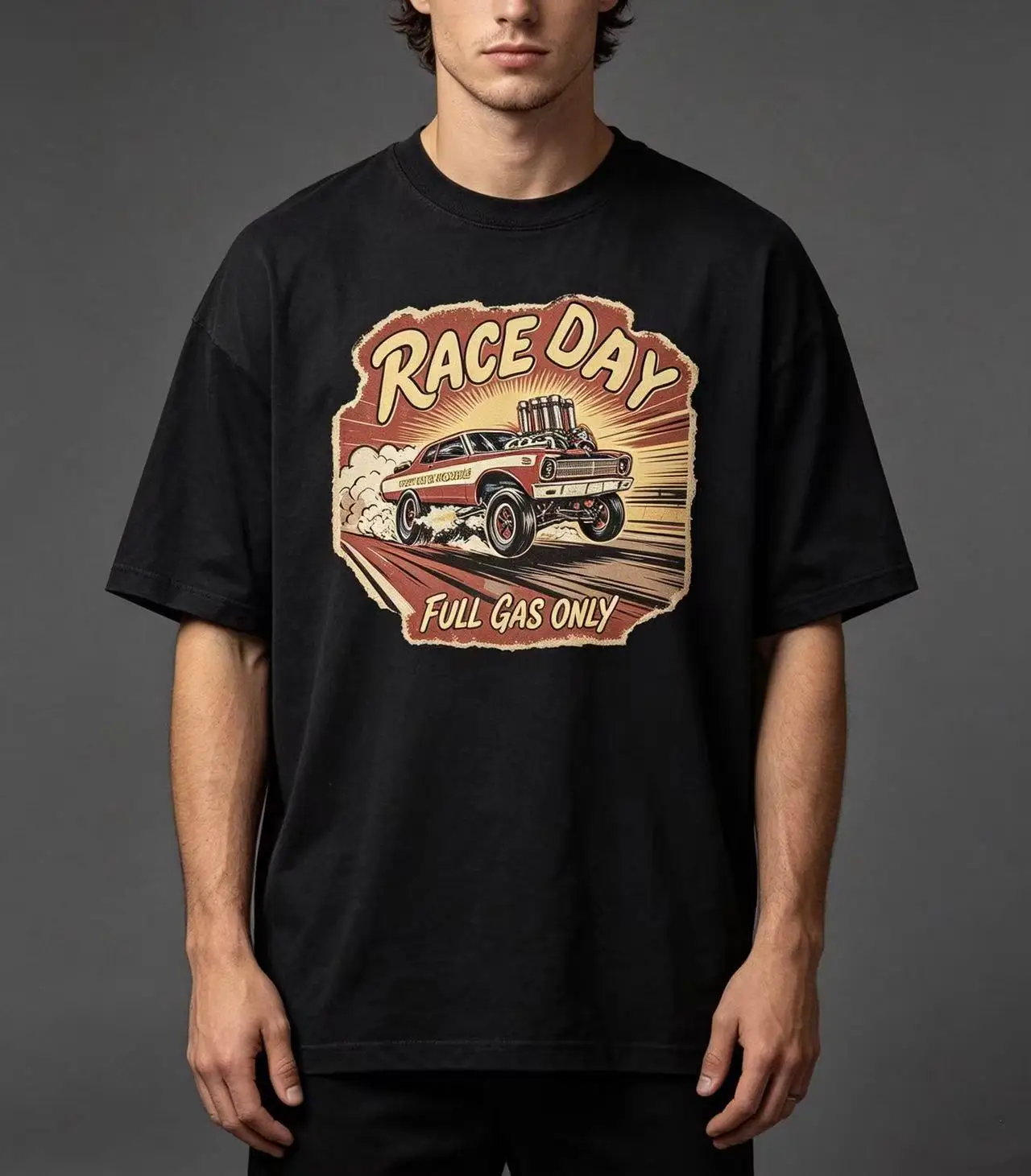 Unisex Race Day Full Gas Only Vintage Drag Racing Muscle Car Retro Poster Graphic T Shirt Men Women Classic Hot Rod Print Oversized Crew Neck Cotton Tee