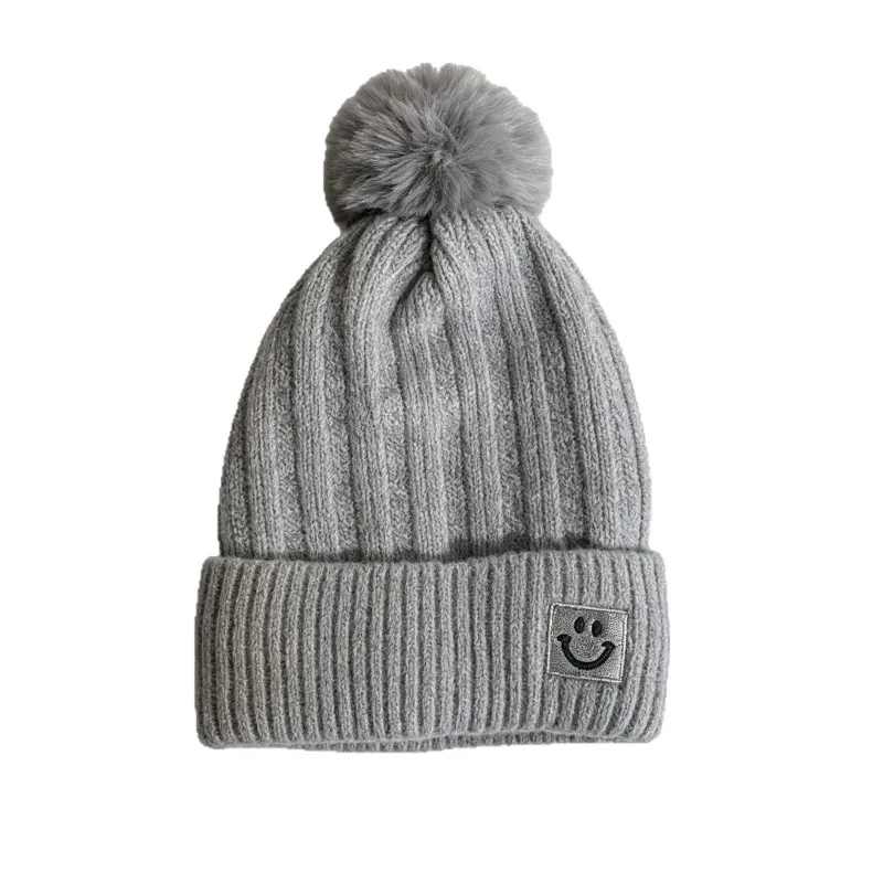 Women's Winter Smiley Face Pom Pom Beanie Hat Thick Warm Knit Cap Ear Protection Large Head Circumference Cold Hat