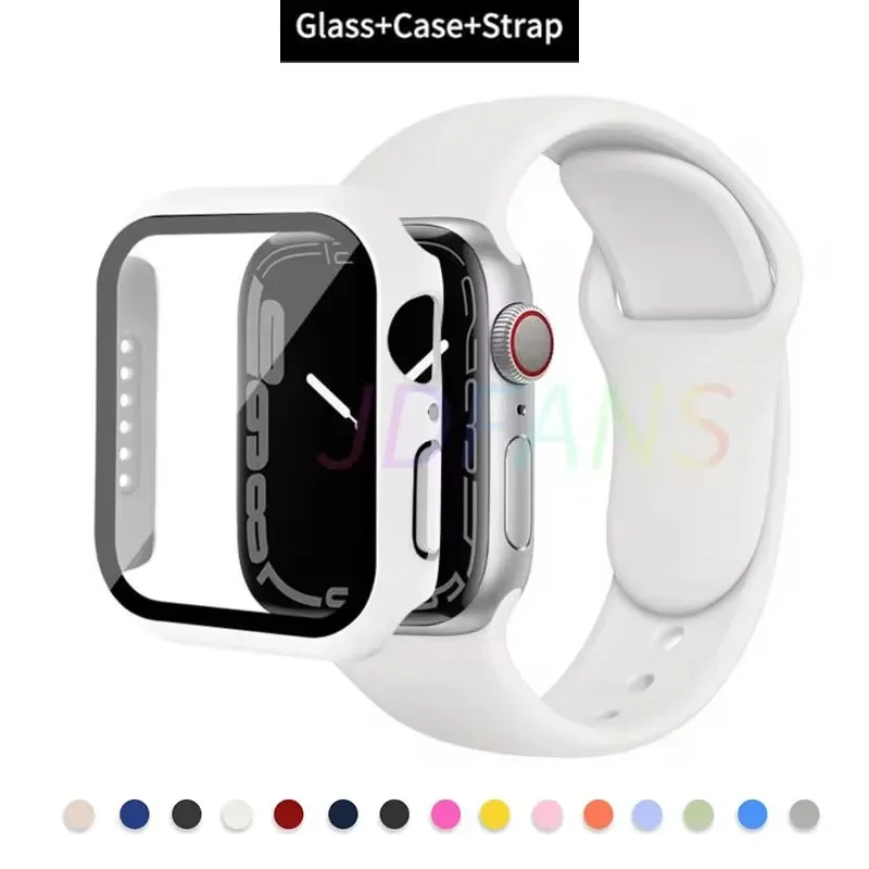 Glass+Case+Strap For Apple Watch band 44mm 45mm 42mm 41mm 40mm 38mm Silicone watchband bracelet iWatch series 8 9 7 6 5 4 3 SE