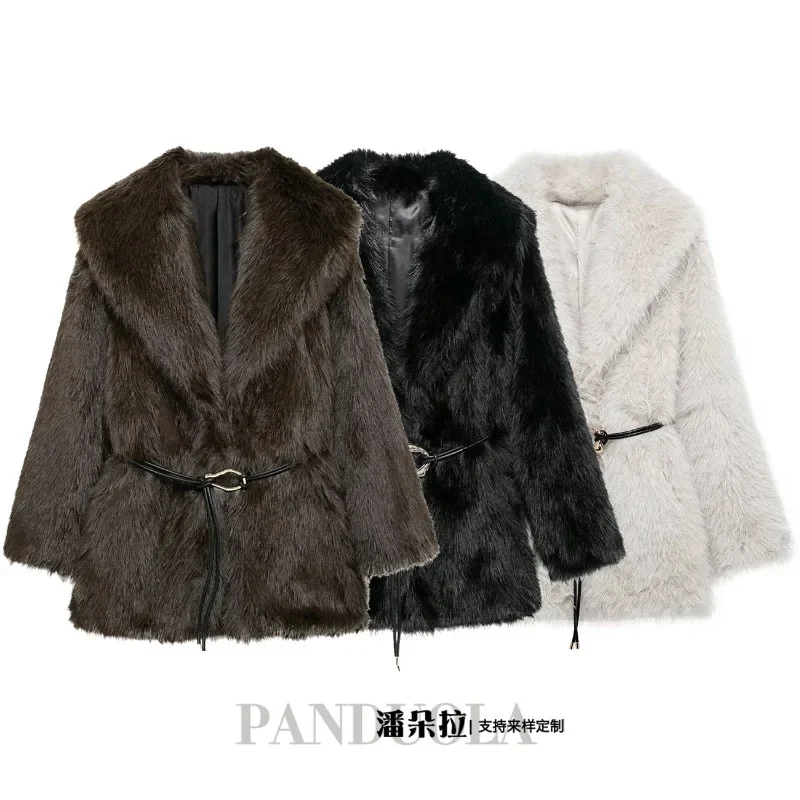 معطف نسائي أنيق بأكمام طويلة باللون الرمادي الفاتح معطف شتوي دافئ من الفرو الصناعي متوسط الطول مع حزام ملابس نسائية فضفاضة