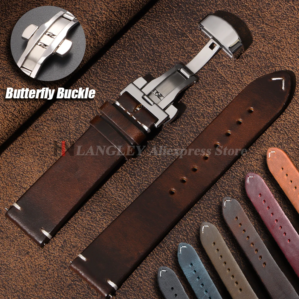 

Handmade Vintage Oil Wax Genuine Calfskin Strap 18mm 19mm 20mm 21mm 22mm 24mm Quick Release for Men Women Watch Band Accessories