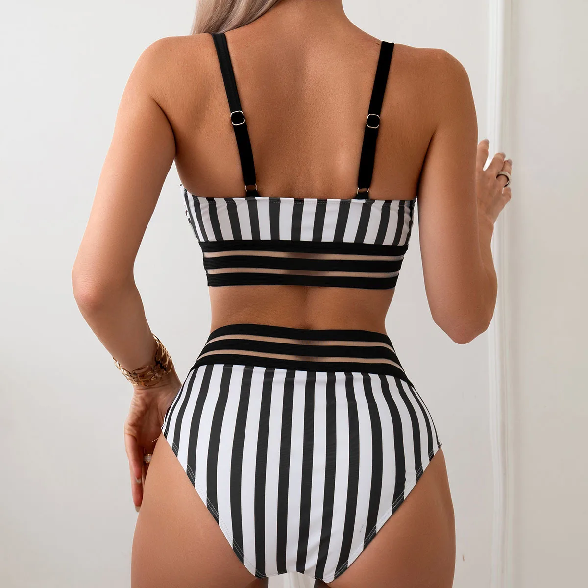 Maillot de bain deux pièces pour femmes, sexy, rayé, soutien-gorge rembourré, taille haute, ensemble bikini, vêtements de plage, 2024