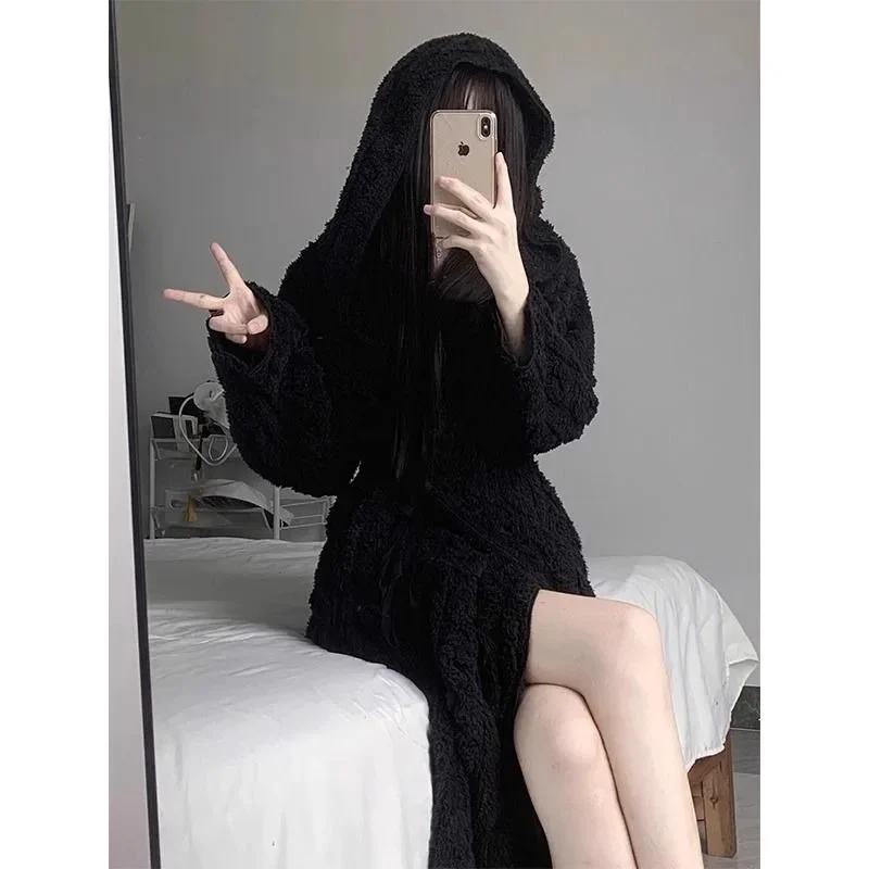 SHItime-Pyjama à capuche style long épais pour femmes, vêtements de détente d'automne et d'hiver, lieu noir, sourire, robe de nuit, femme