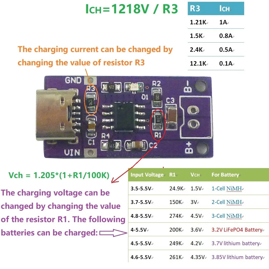 TYPE-C 1/2/3-Cell NIMH Battery Charger Module for 1.2V 2.4V 3.6V Nickel-Metal Hydride Battery 100MA/500MA/800MA 1.5V 3V 4.5V