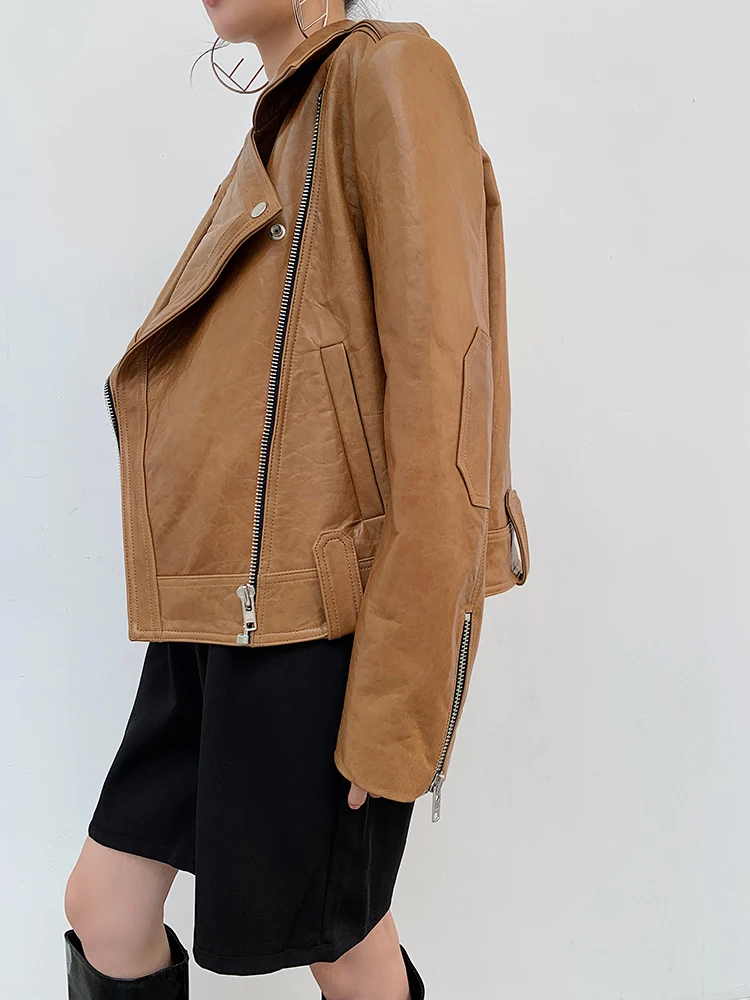 痩身効果短縮オイルワックス本物のシープスキンレザージャケット女性のオートバイスタイルルーズフィットグリーンアウターウェア