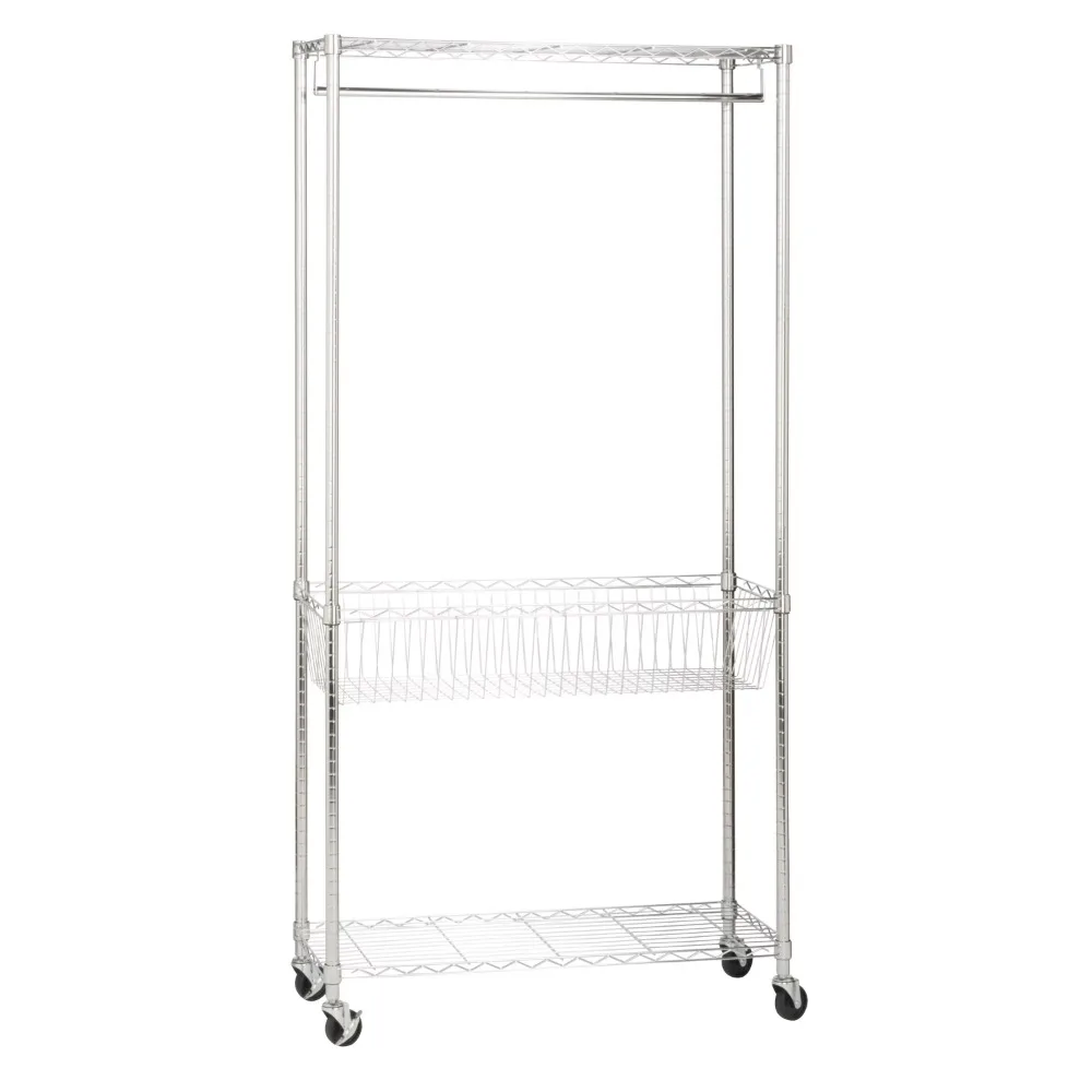 

Garment Rack with Shelves and Basket, Chrome Rolling Laundry Station, Clothes Rack