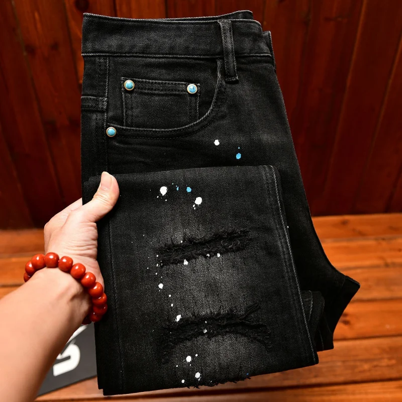 Autumn retro nostalgic jeans men's black distressed patch paint print slim fit small feet trendy street ruff handsome pants