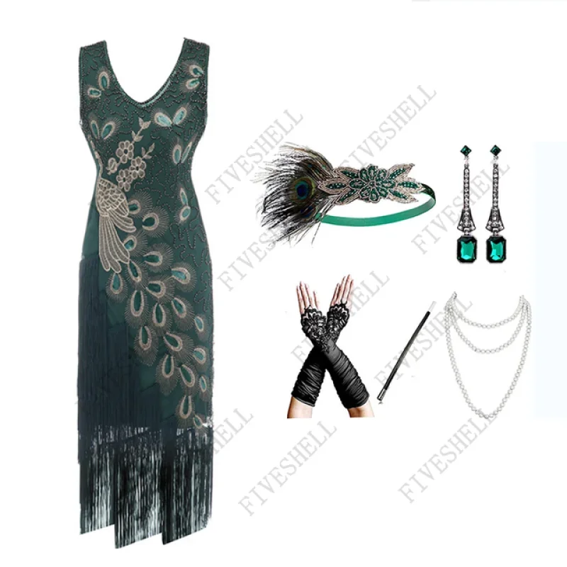 1920s Retro Sequined Gastby Dress Fringed Peacock Nail Bead Fashion Banquet Dress Headpiece Gloves Five Piece 20S Cos Accessory