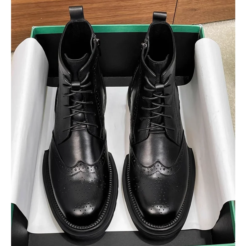 British Men Black Brogue Ankle Boots Lace-up Side Zipper Thick Lug Sole Cow Leather Dress Boots for Formal Daily Wear