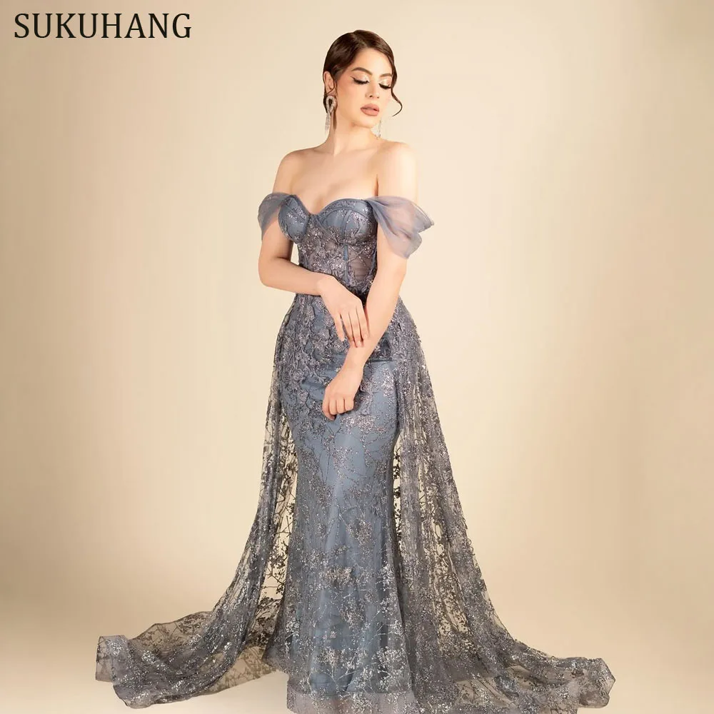 SUKUHANG – robe de soirée grise, épaules dénudées, avec Appliques, robe de bal de dubaï pour femmes, personnalisée