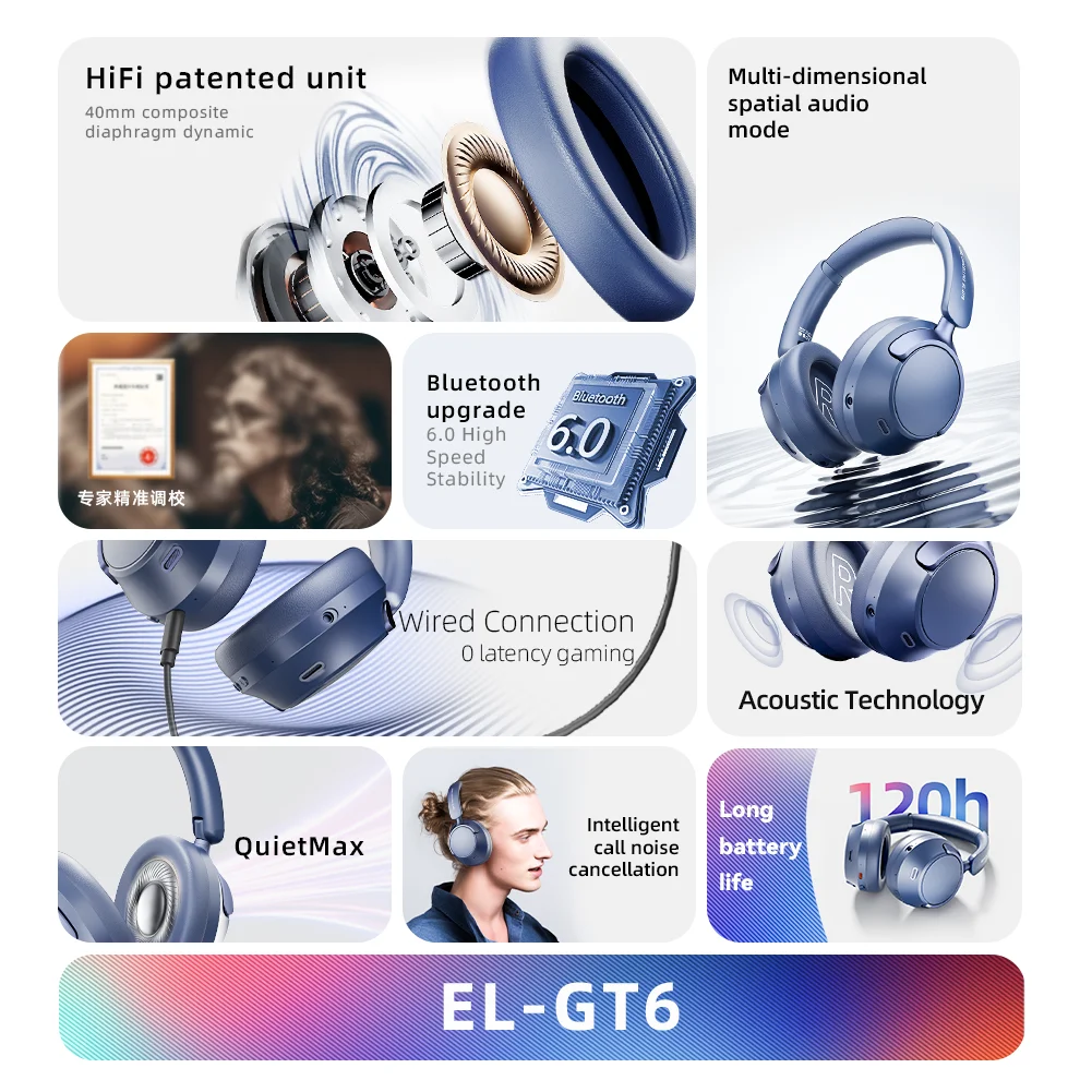 Casque d'écoute sans fil Bluetooth 42dB, suppression adaptative du bruit, 30ms, Mode jeu, Audio spatial, Bluetooth 6.0, sur l'oreille